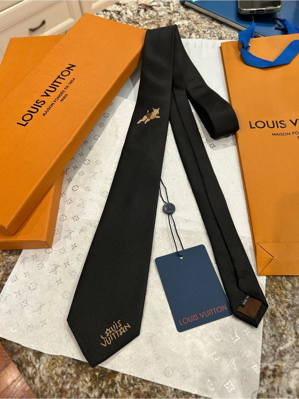 Louis Vuitton Black Silk Tie with Gold Motif